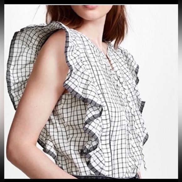 Anthropologie Scotch & Soda Lace Up Neck Ruffle Sleeve Top, White/Navy
Medium - Picture 7 of 12